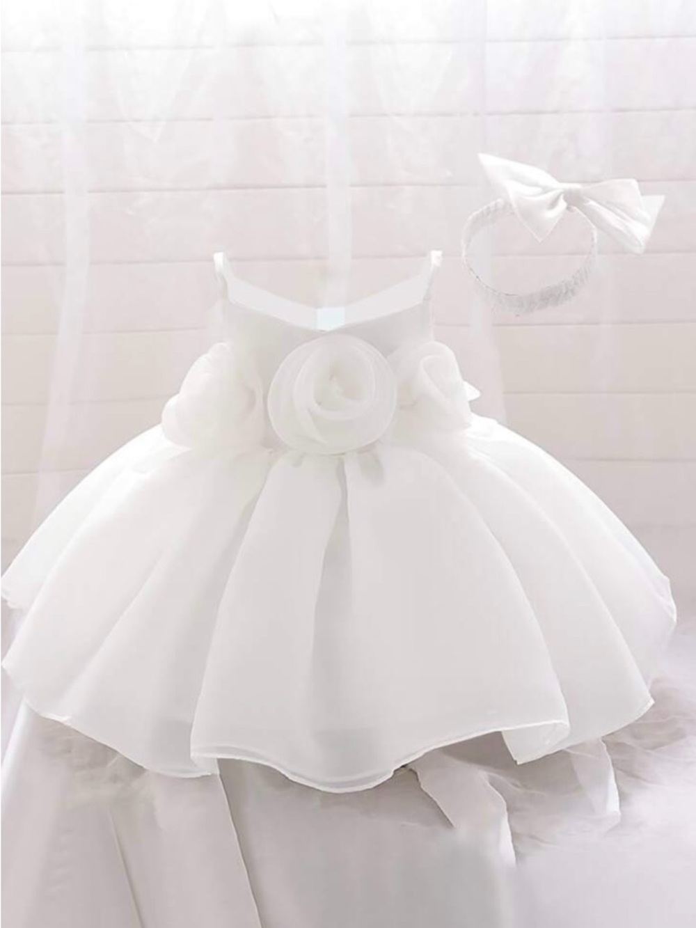 White Floral Baby Girl Dress with Headband